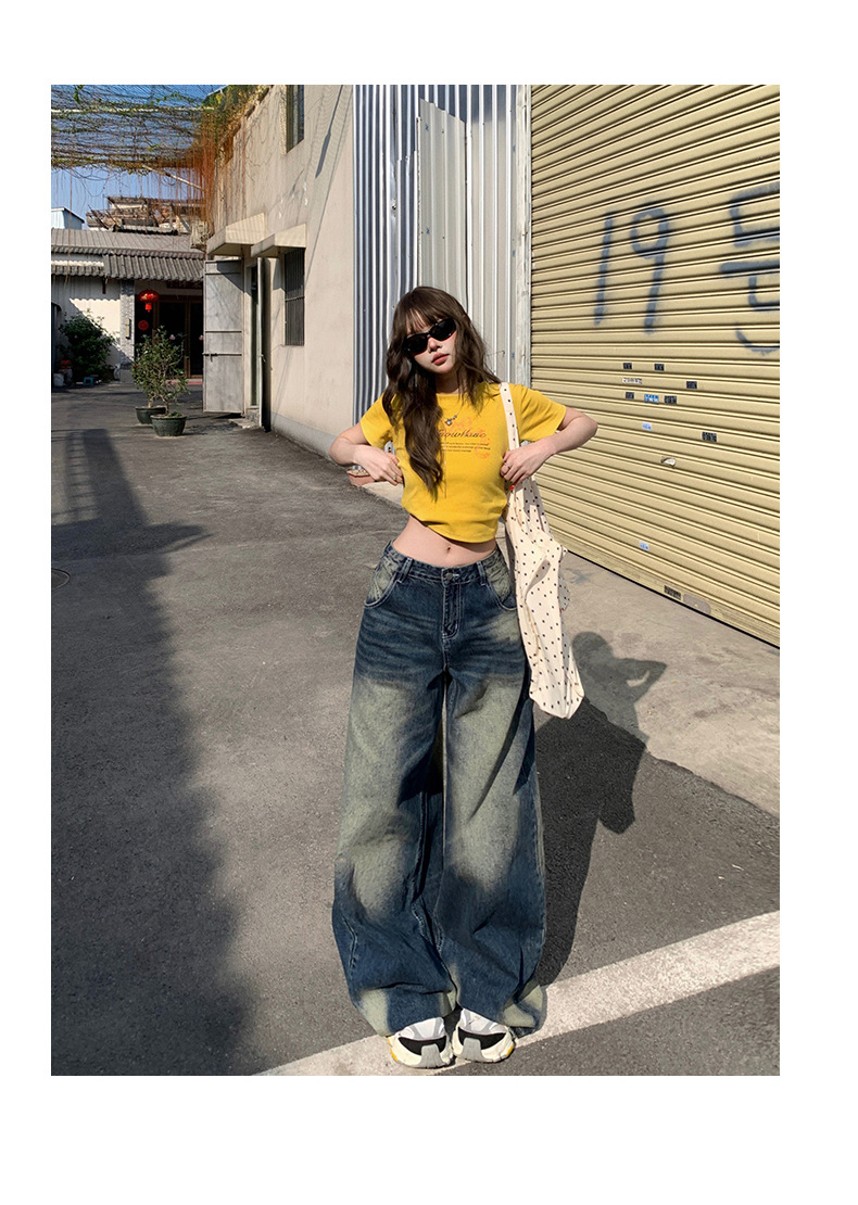 Women's Wide-Leg Jeans Low-Waist Loose Washed Straight Pants