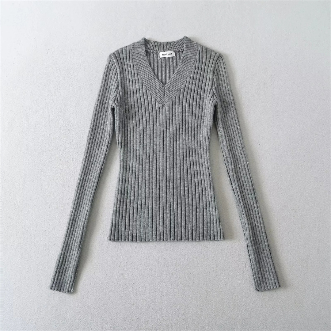 Plain Ladies Deep V Body-Hugging Knitted Sweater