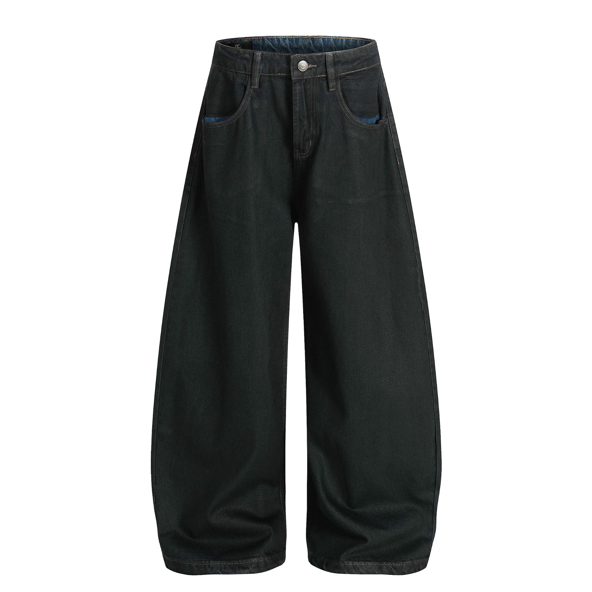 Street Retro High-End Waxed Black Craft Design Unisex Loose Dagger Cut Jeans