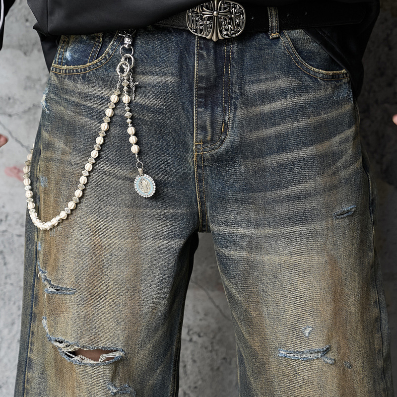 Vintage Washed Ripped Street Style Dagger Cut Denim Pants, Unisex Loose Clean Fit Wide Leg Floor-Length Trousers