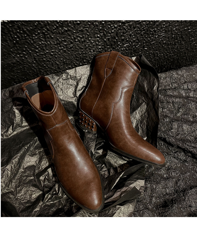 Sharp toe short boots women's cowhide thick heel middle heel bare boots retro V-neck boot design niche rivet Western cowboy boots