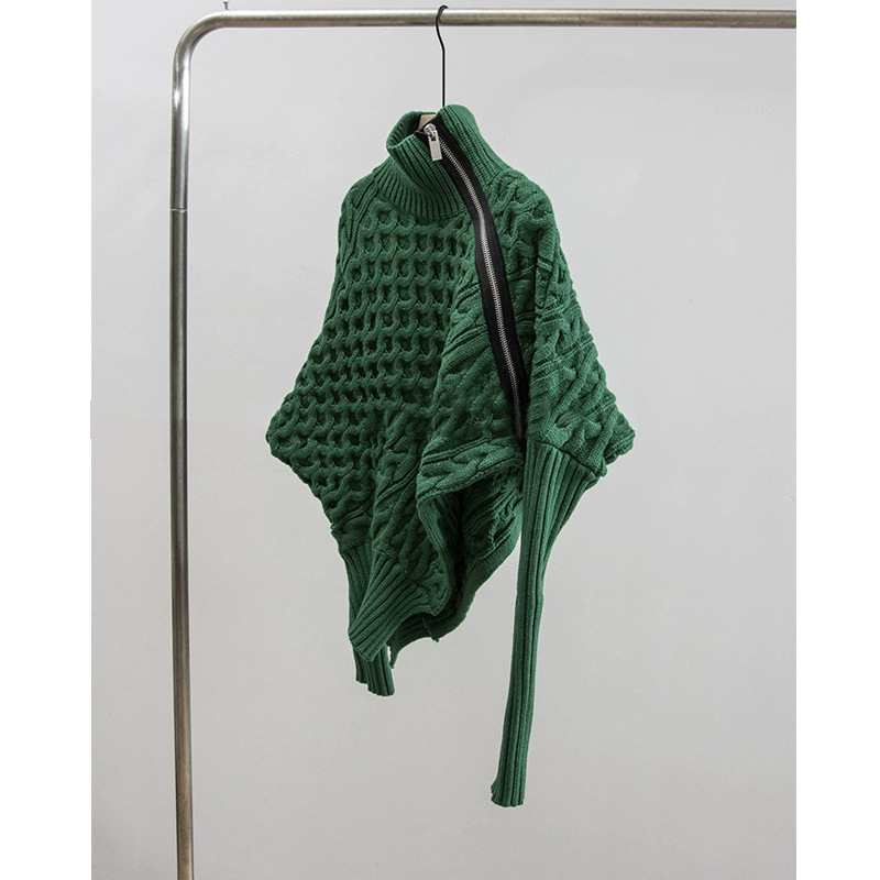 Oversized Zip-Front Polyester Cardigan Asymmetric Neckline
