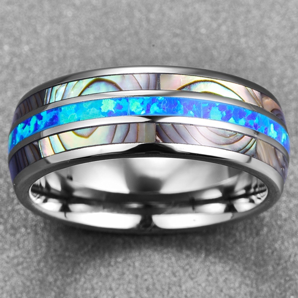 Fashionable and minimalist stainless steel men's ring with shell inlay and colorful shell inlay