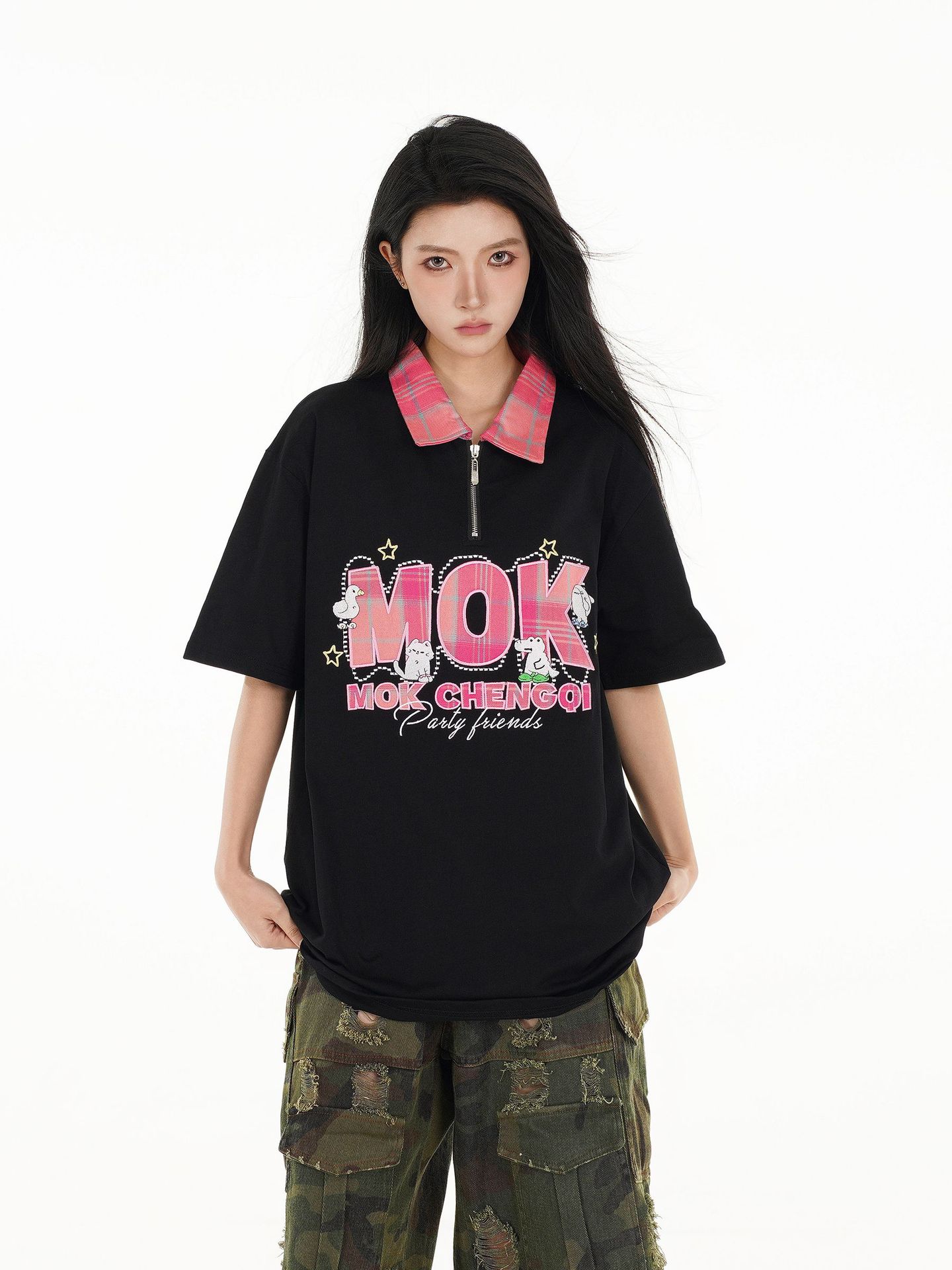 Classic Cotton Letter Lapel Zip Oversized T Shirt