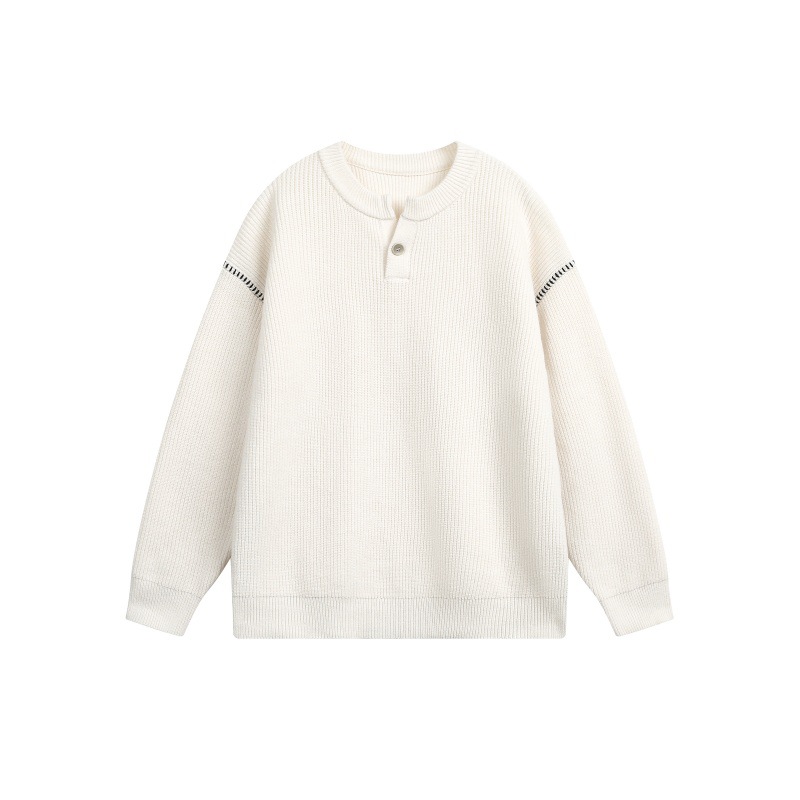 Block Hand Stitching Henley Collar Design Loose Knitwear