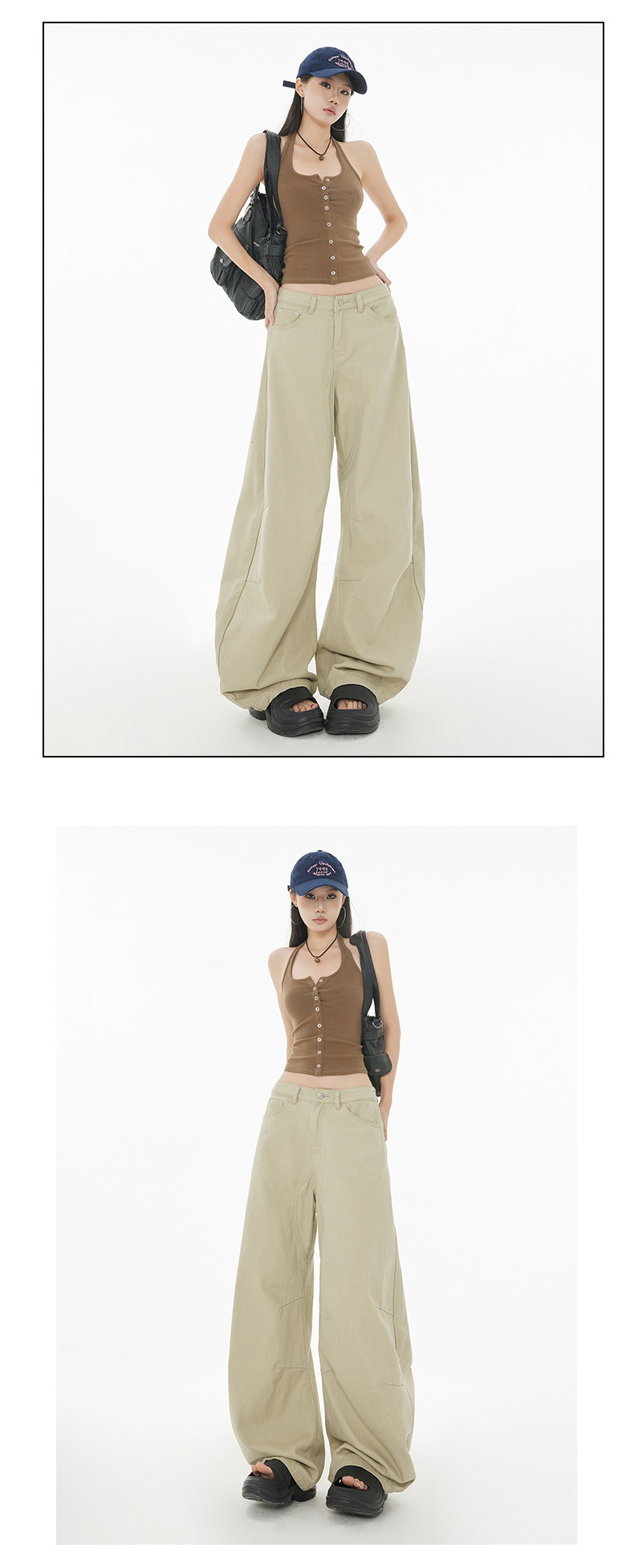 Curved Design Water-Washed Tapered Jeans Women High Street Loose Straight Wide-Leg Pants