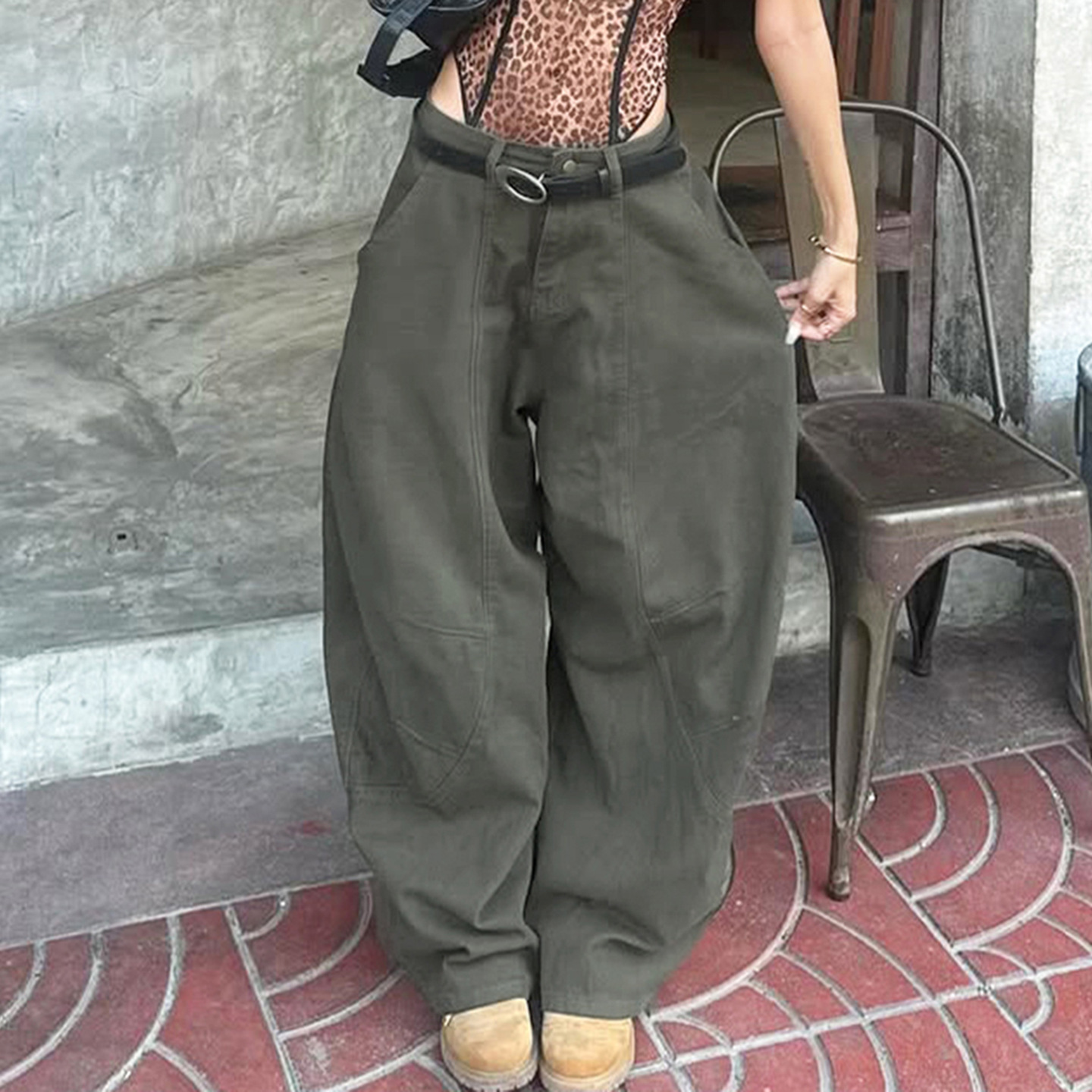 Low waisted denim retro workwear military green casual pants
