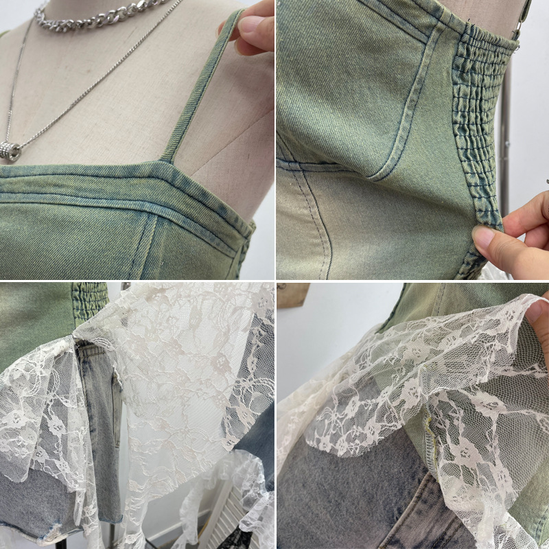 Slim Asymmetric Faded Jean Lacy Panel Fringed Bandeau