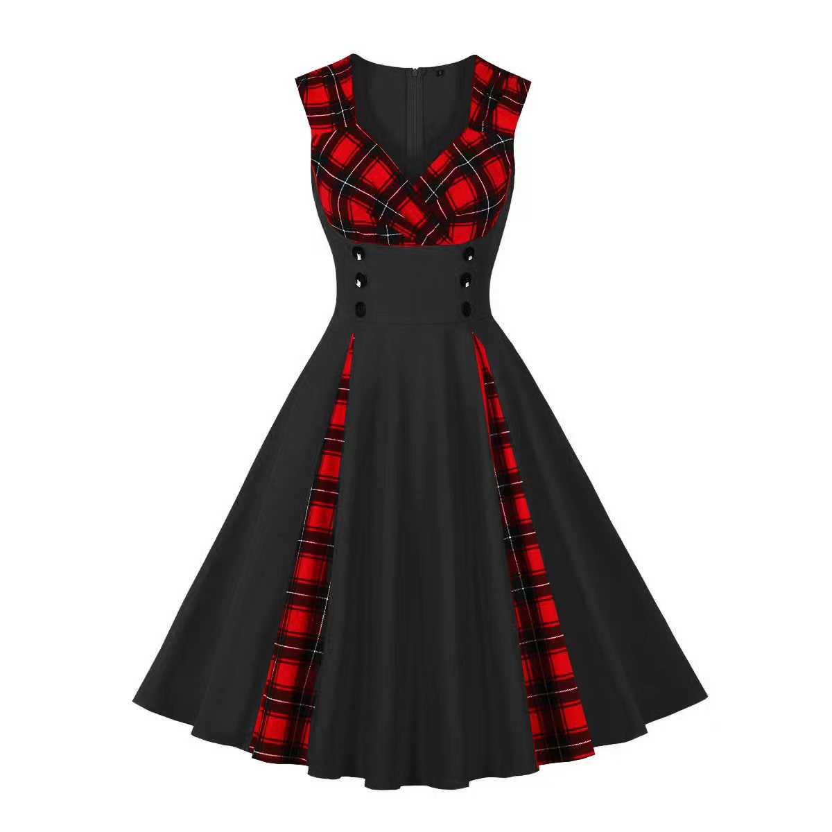 V-Shaped Neck Sleeve-Free Checkered A-Line High-Waist Midi Dress
