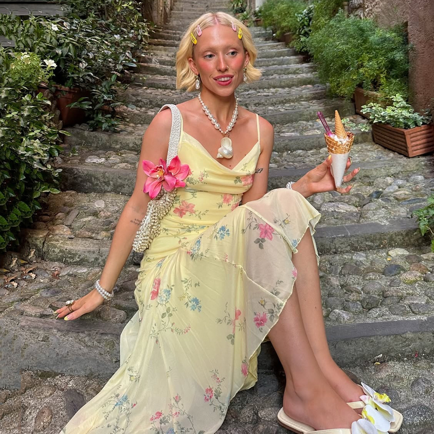 High Waist Draped Garden Print Maxi Dress
