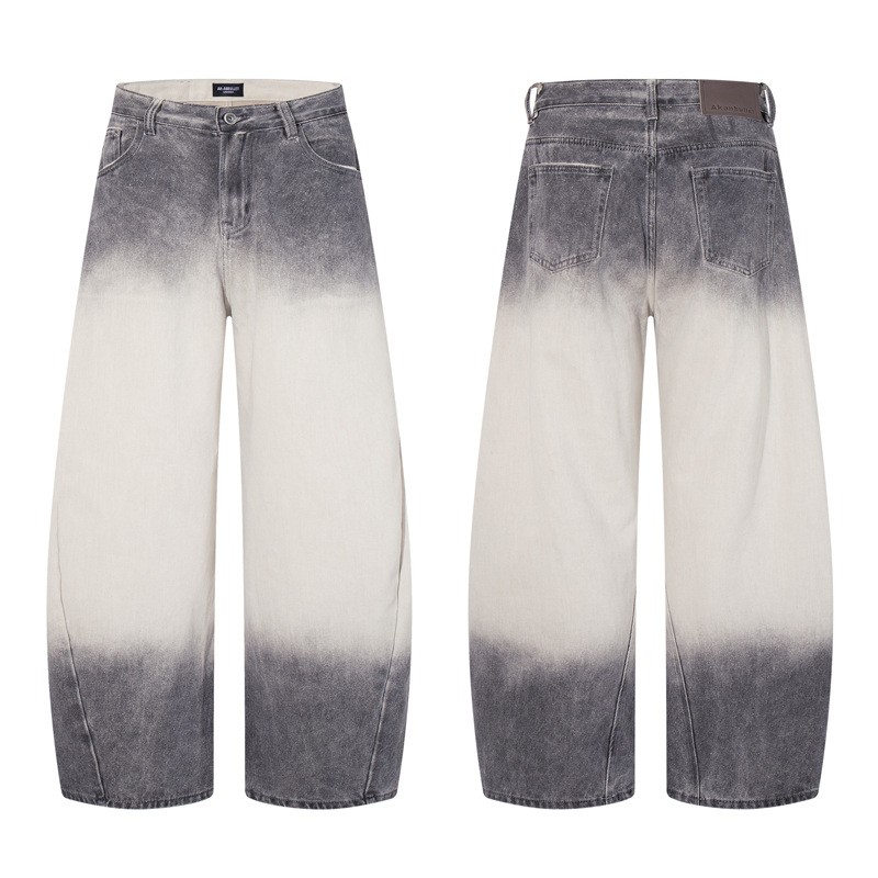Streetwear Hip-Hop Style Gradient Color Wide-Leg Denim Pants Straight Leg Design Retro Knife-Edge Floor-Length Trousers
