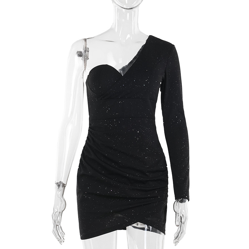 Asymmetric V-Neck Full Sleeve Pleat Detail Fitted Dress
