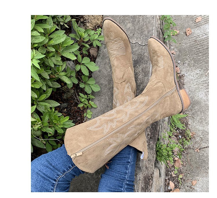 Brown thick heeled mid calf knight boots short boots Western cowboy