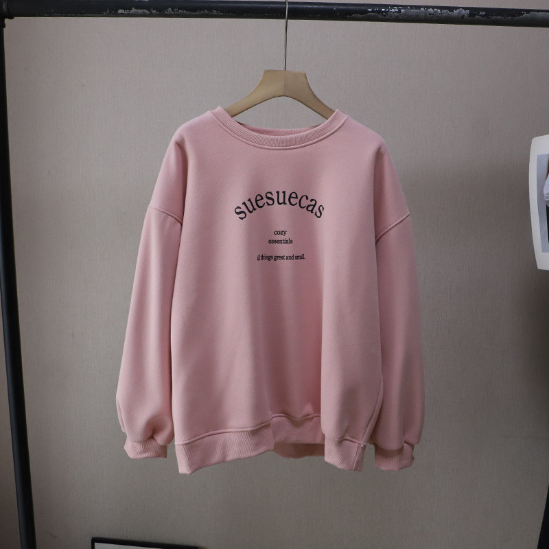 Casual Loose Fleece Lined Hoodie with Letter Print Round Neck Style Women's Sweatshirt