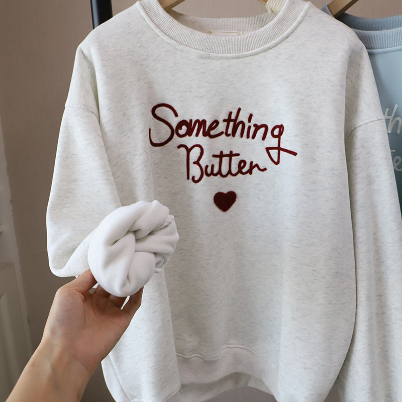 Causal Loose Fleece-Lined Hoodie with Letter and Heart Embroidery Round Neck Women's Sweatshirt