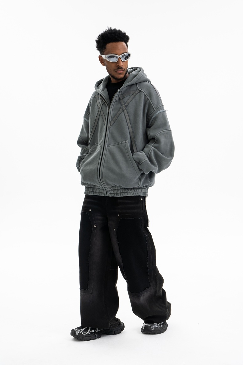 Utility Distressed Cotton Insulated Full-Zipper Embroidery Hoodie