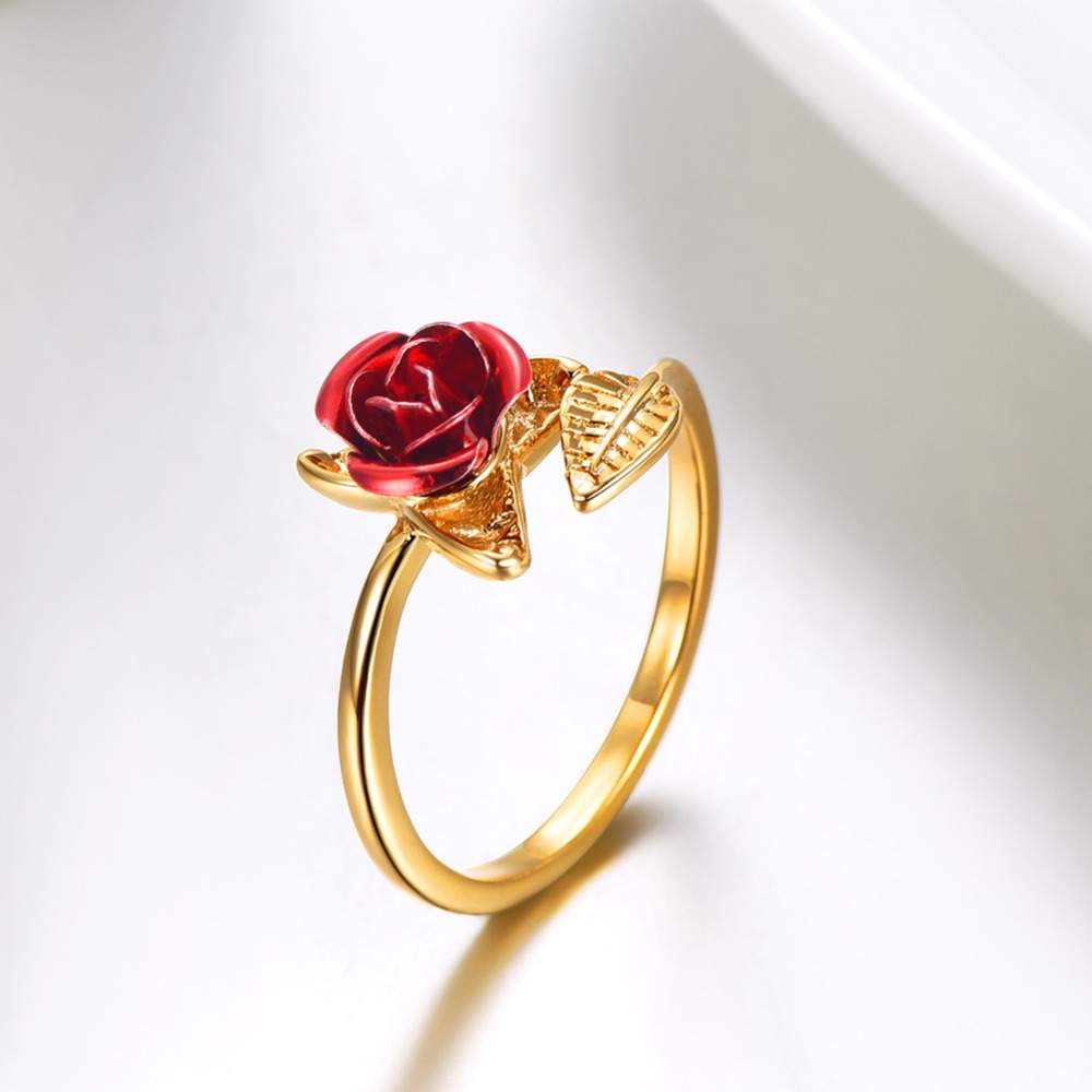 U7 Red Rose Garden Flower Leaves Resizable Finger Rings for Women Valentine's Day Gift Jewelry Hot Sale Open Ring R1019