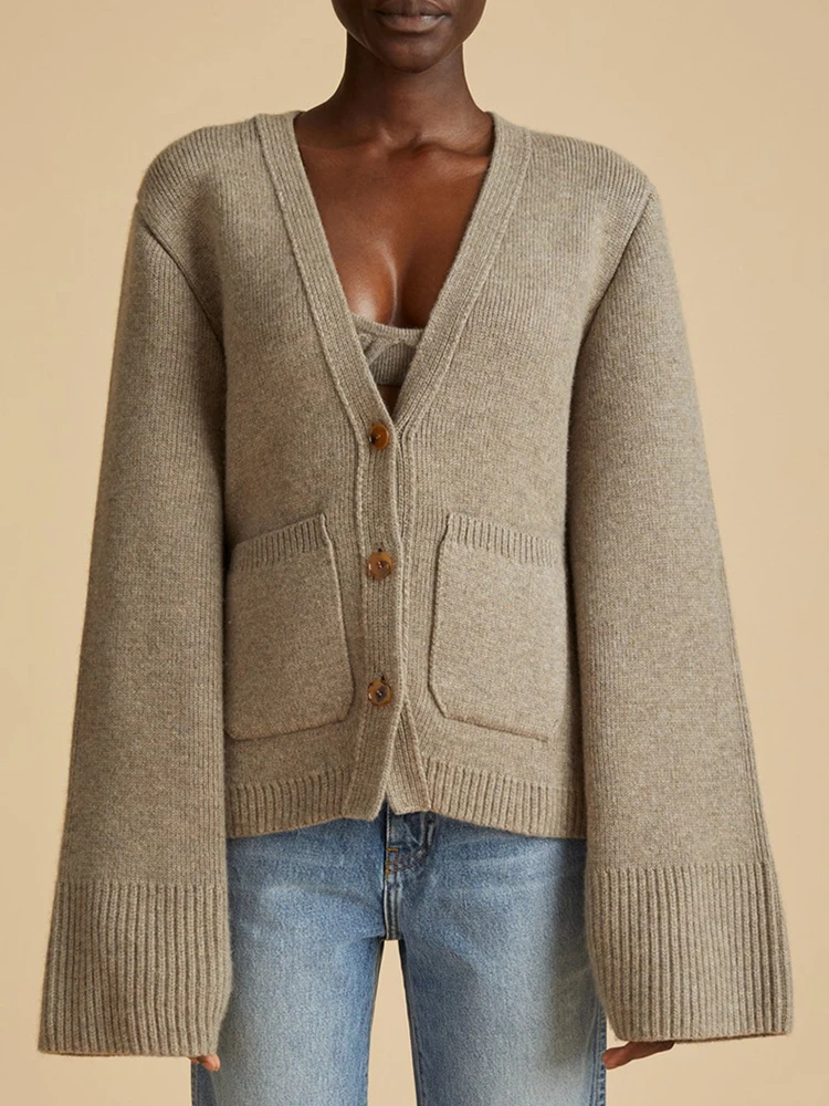 Ladies Wool Color Block Button Up Cardigan
