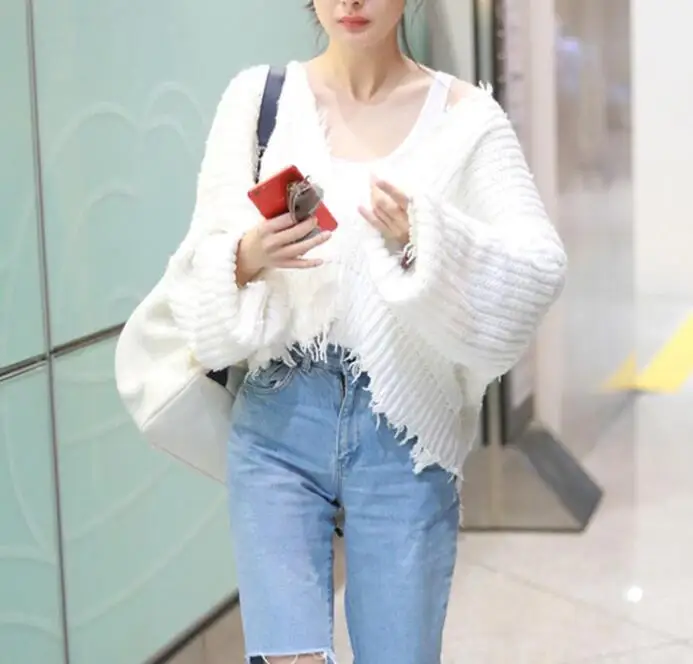 Retro Oversize Fringe Asymmetrical Vee Collar Sweater