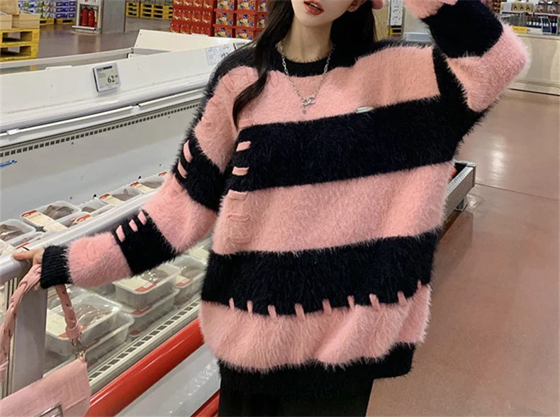Ladies Fall Two-Tone Oversized Stretch Acrylic Sweater
