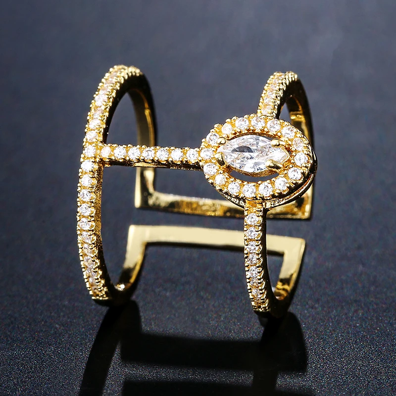 Women Rings Adjustable Size Fashion Double Hoop Cubic Zirconia Open Rings Girls Party Jewelry