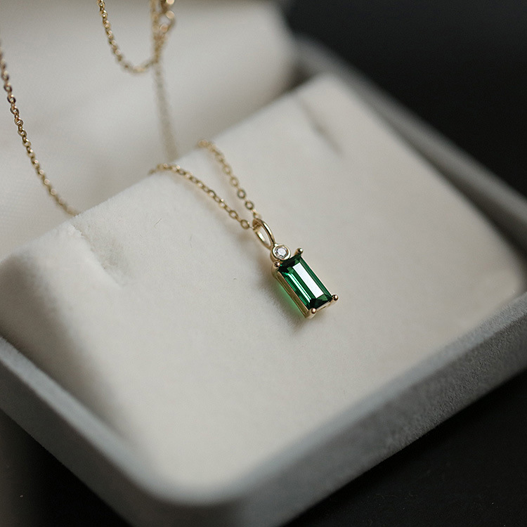 925 Sterling Silver 14K Gold Plated Emerald Green Mini Rectangle Zircon Necklace Female Korean Style Pendant Necklace