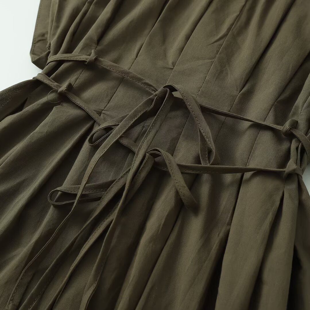 V-neck sleeveless waist cinching lace up solid color dress