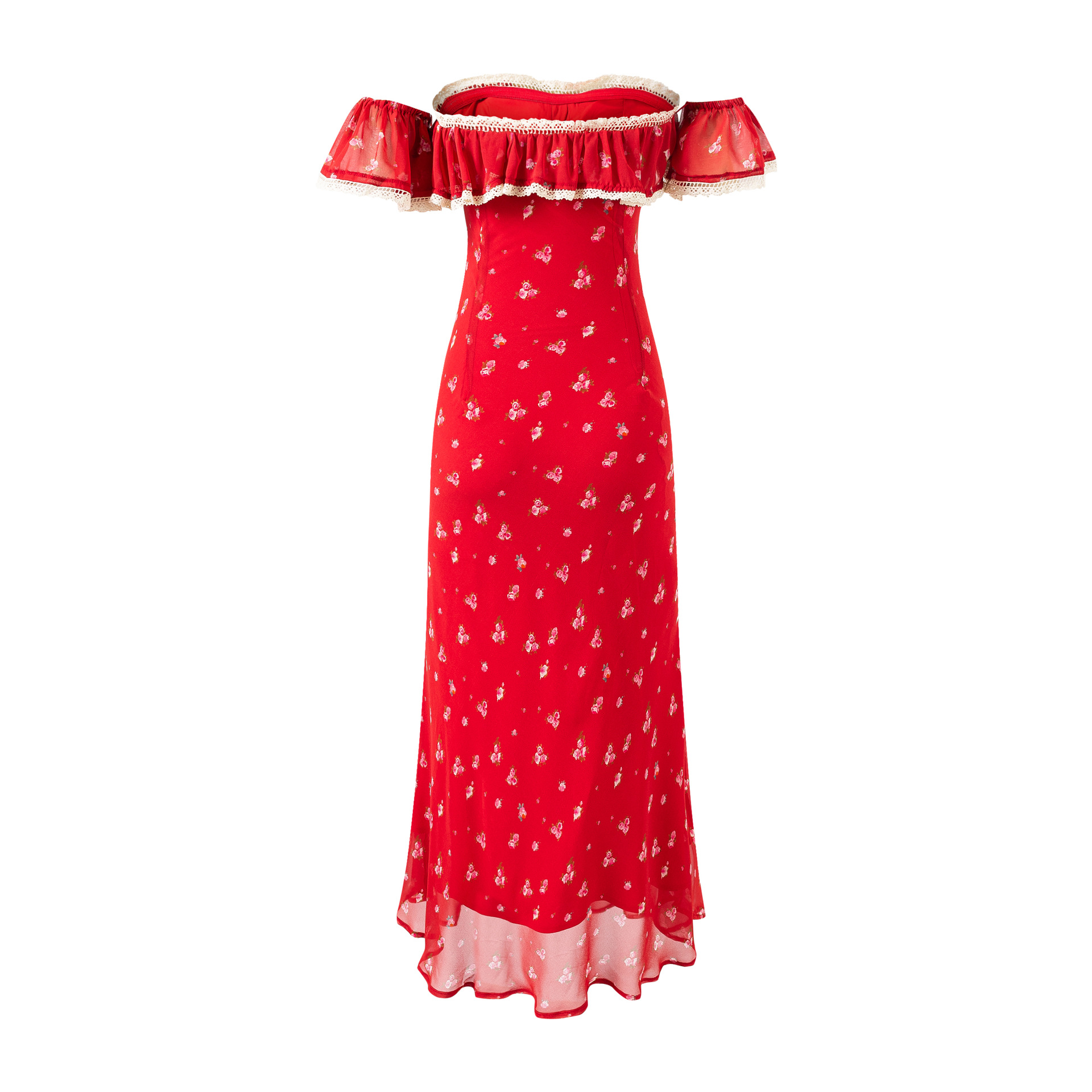 Asymmetric Sleeveless Scarlet Botanical Scalloped Trim Dress