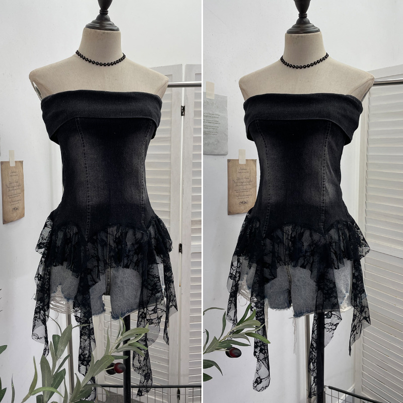 Sexy Asymmetric Denim Crewneck Top