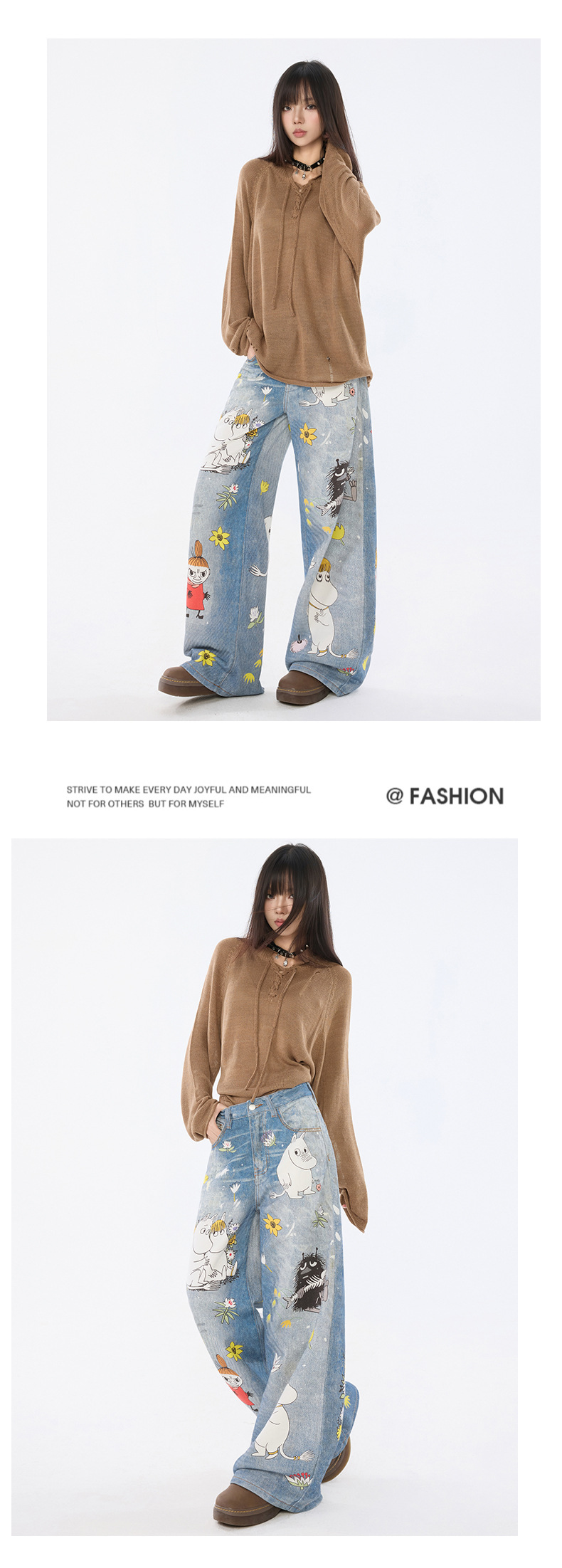 Women's Cartoon Wide-Leg Jeans Unique Design Loose Straight Pants