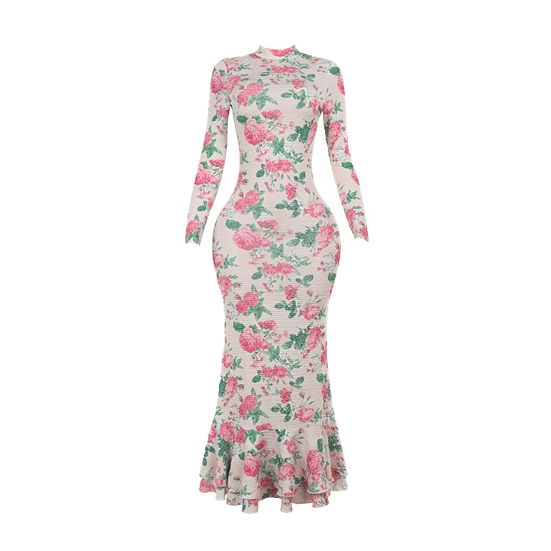 Fitted Maxi Patterned Mock Neck Full-Sleeve Dress