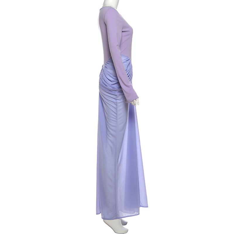 Contrast Paneled Bodycon V-Neck Full Sleeve Twill Dress