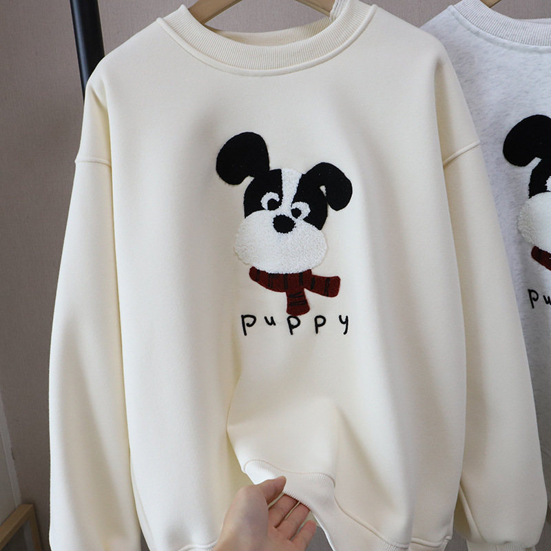 Casual Cartoon Embroidered Fleece Lined Thick Hoodie for Women Round Neck