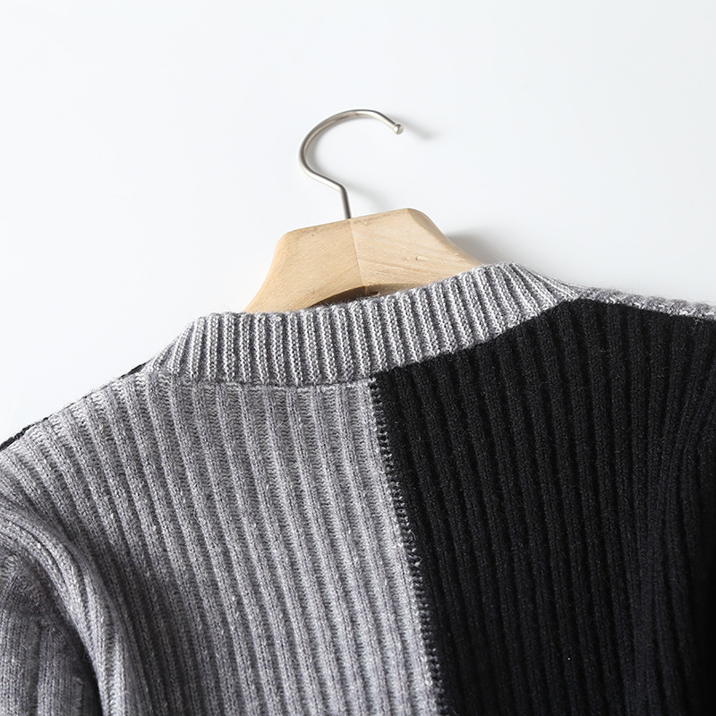 Black Color-block Short Knitting Cardigan Sweater V-Neck Long Sleeve Women New Fashion Trend Autumn Winter