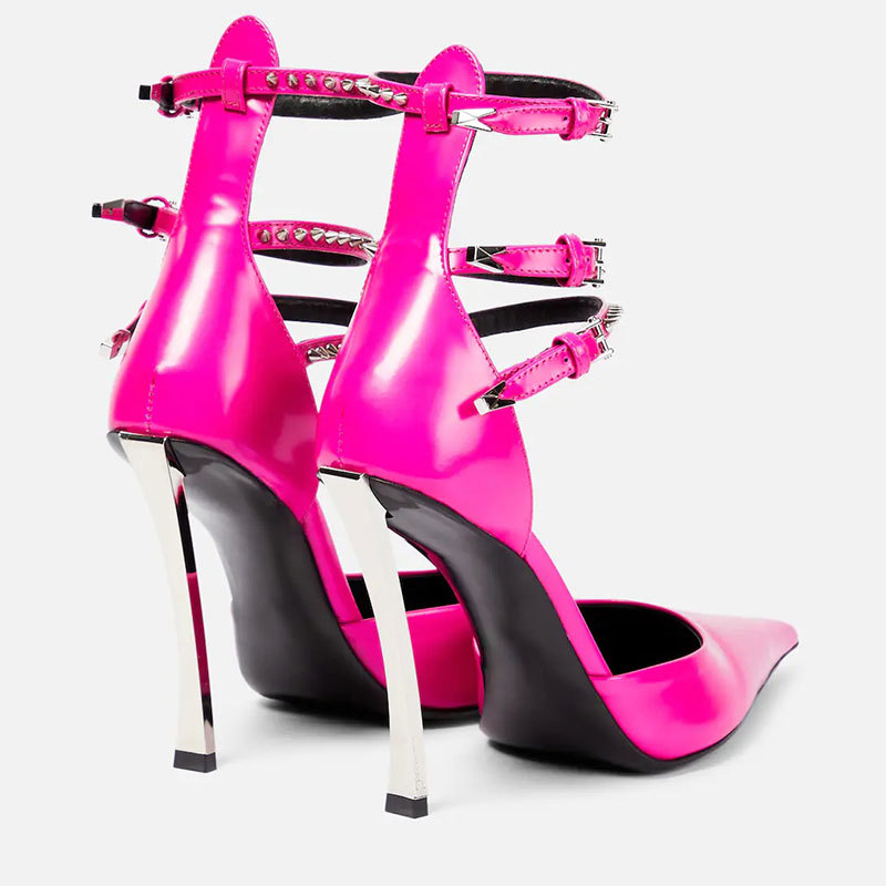 High Heel Pointed Hollow Lacquer Leather Rivet Shallow Cut Baotou Sandals Large Womens Singles