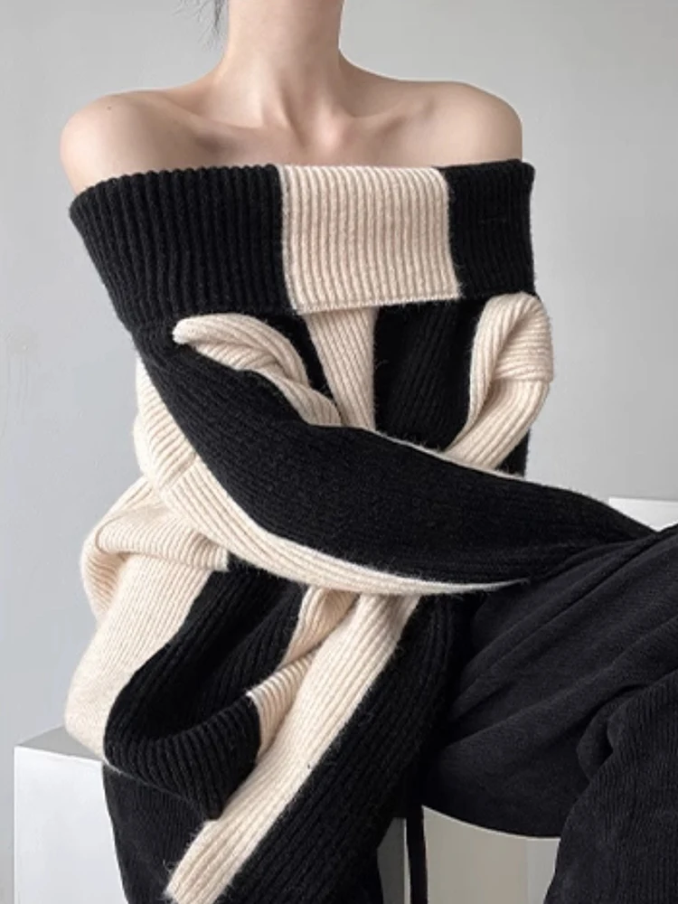 Ladies Oversized Two-Tone Asymmetric Acrylic Sweater