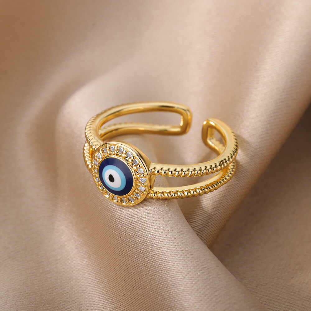 Turkish Zircon Evil Eye Rings For Women Open Adjustbale Gold Plated Stainless Steel Ring Couple Rings Wedding Jewelry Bague