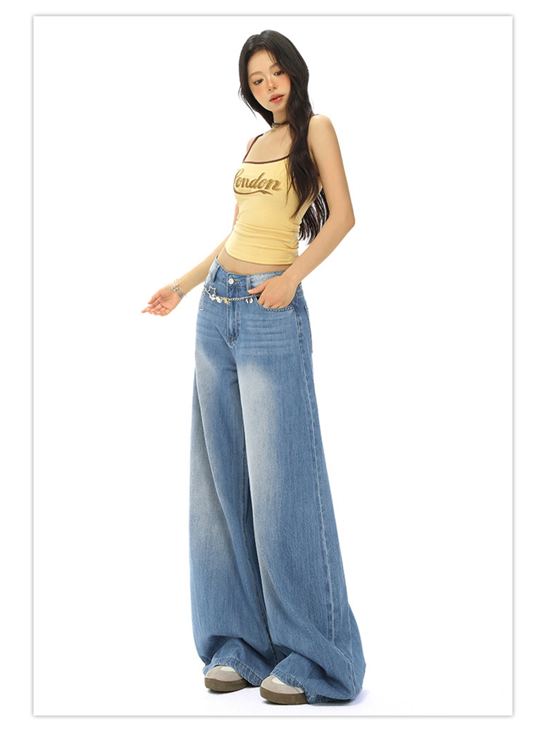 Light Blue High-Waisted Loose Fit Wide-Leg Jeans for Women, Casual Floor-Length Straight Leg Pants