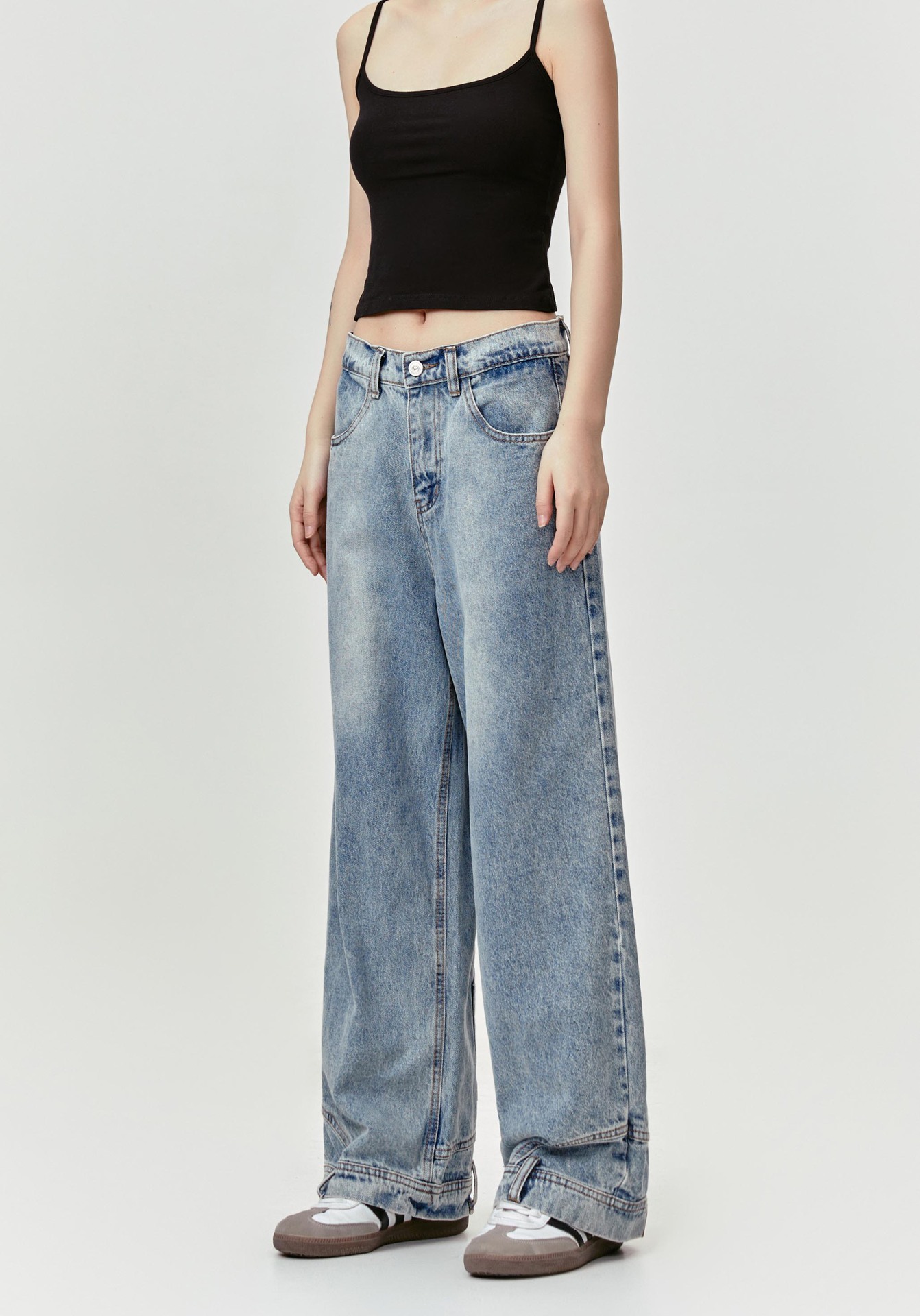 Inverted Reverse Design Washed Distressed Loose Straight Wide Leg Jeans Trendy