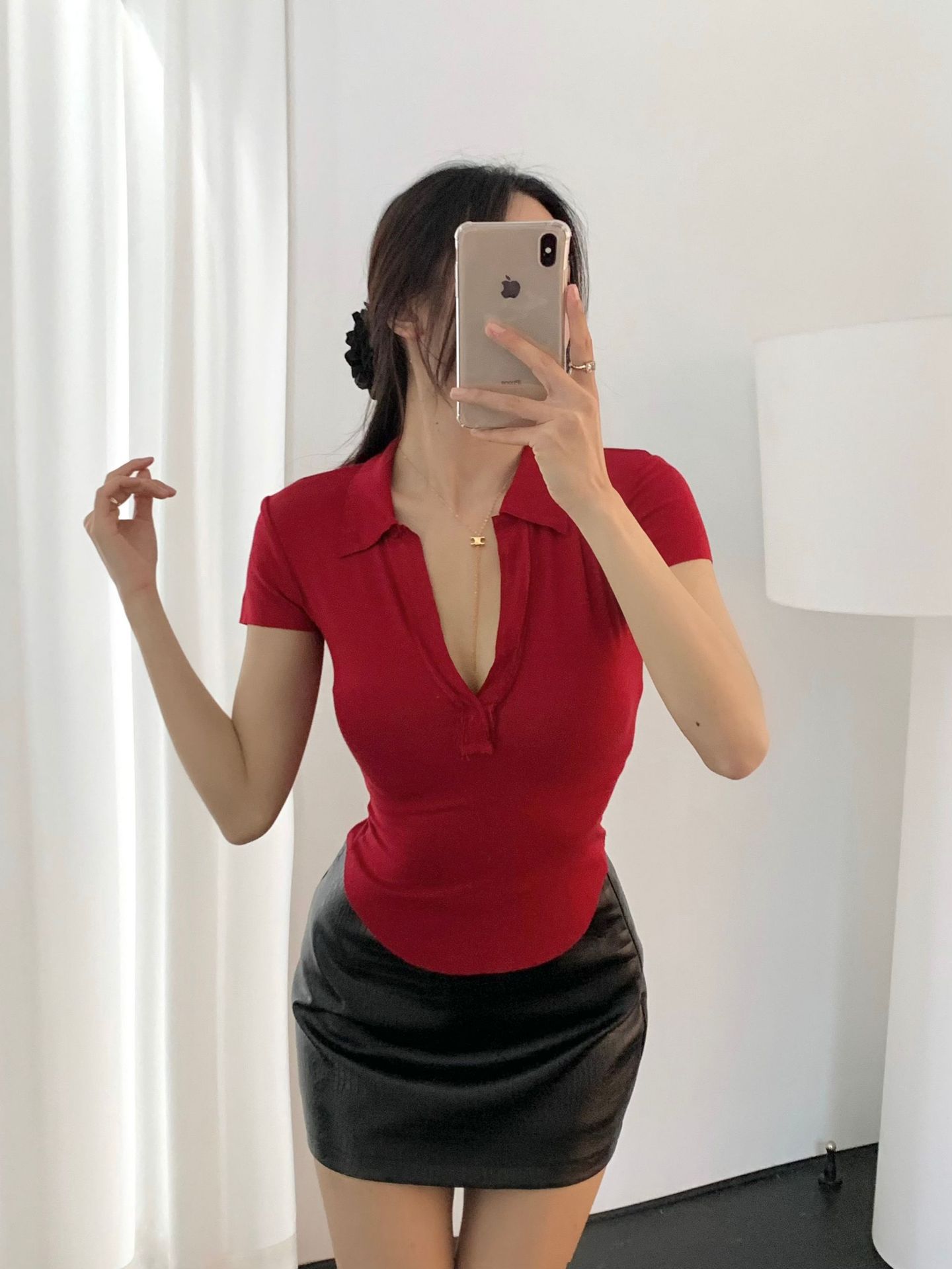 Plain Spandex Plunge Frayed Rounded Slim Tee