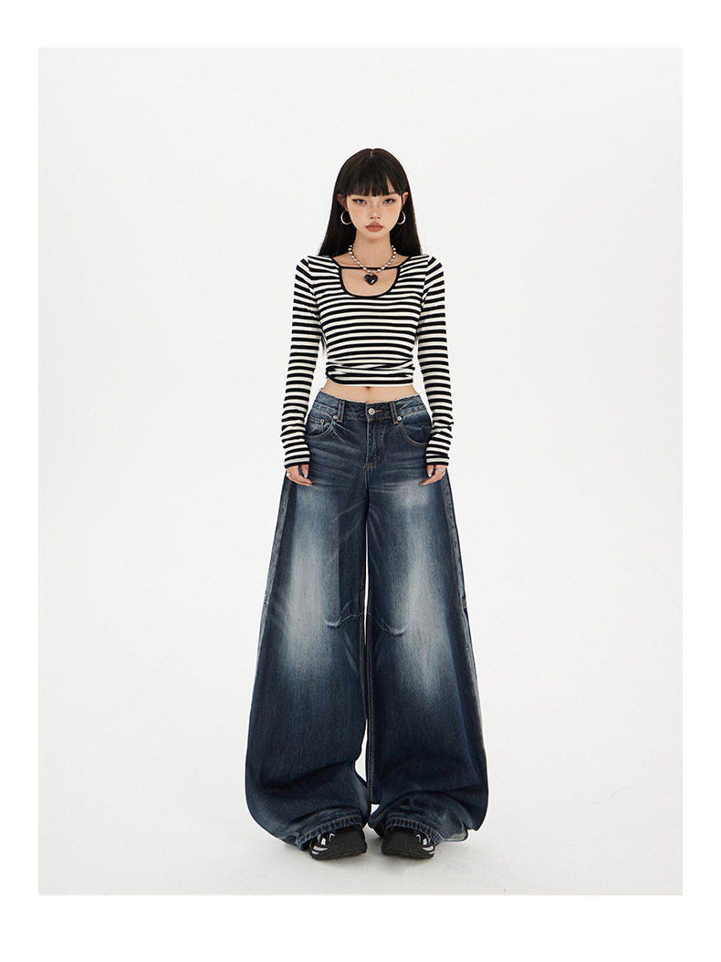 Women's Wide-Leg Jeans Washed Blue Pear-Shaped Slant Pants