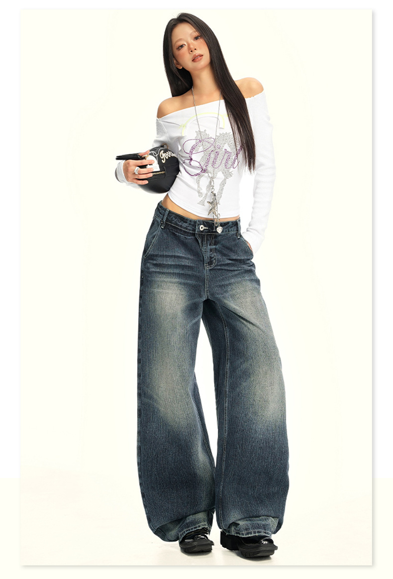 Women's Washed Straight Jeans Loose Floor-Length Wide-Leg Pants