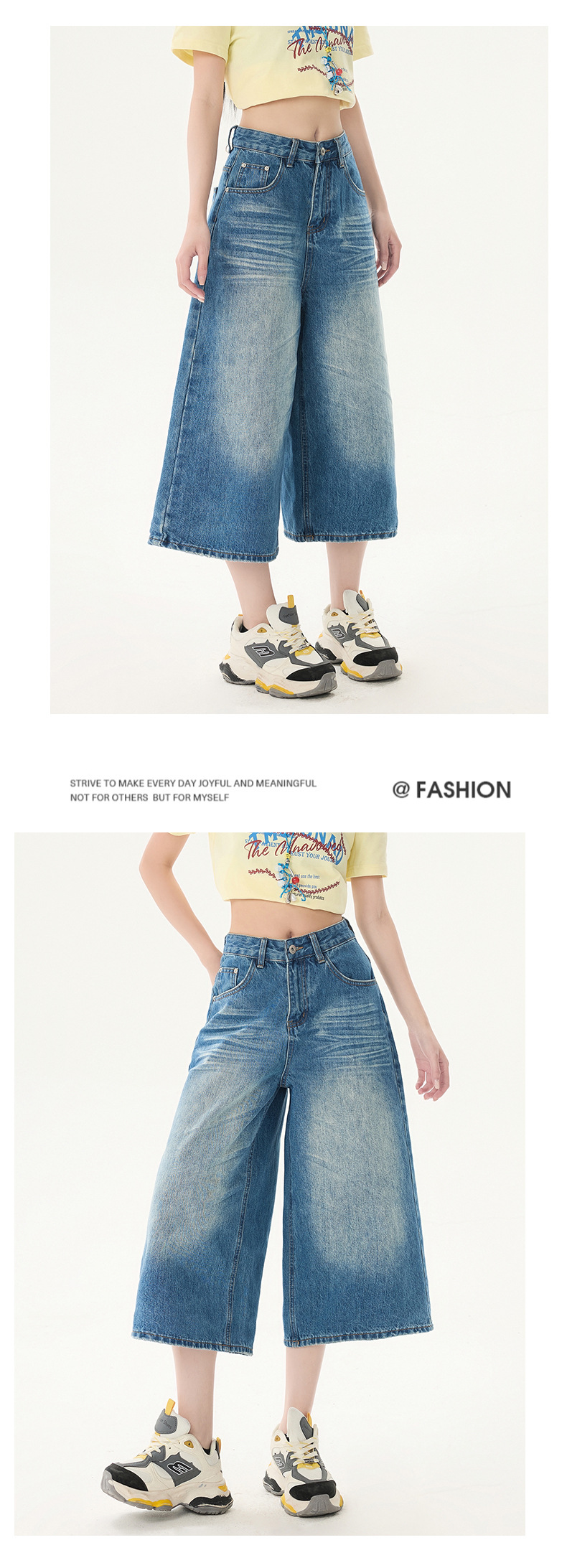Design Creased 7/8 Length Jeans Women Summer Loose Wide-Leg Casual Lazy Mid-Length Pants
