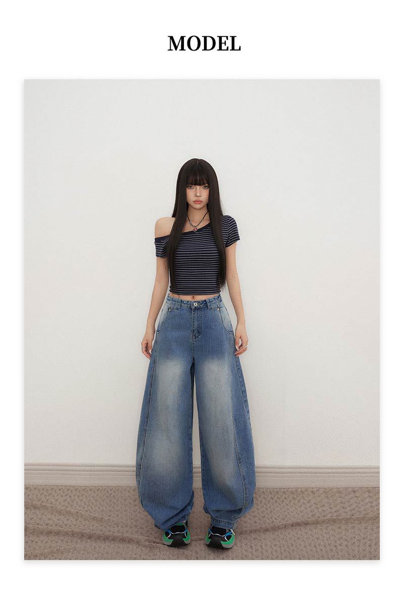 Deconstructed Knife-Edge Denim Pants for Women High-Waisted Wide-Leg Pants