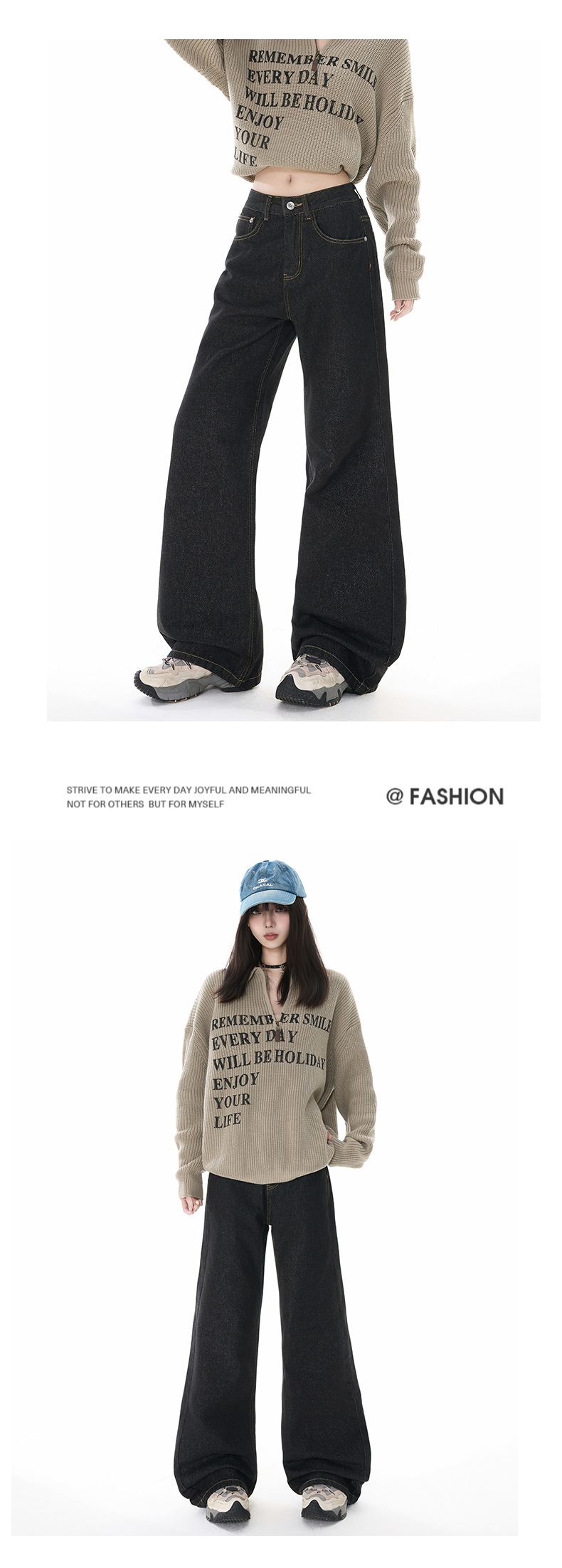 Black Denim Flared Pants for Women Loose Fit Wide Leg Tapered Bottoms Summer