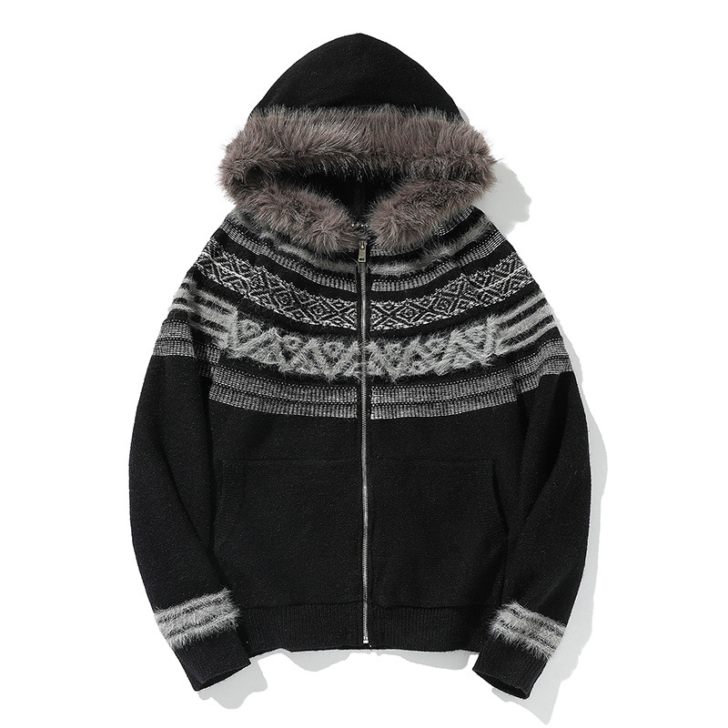 Matching Oversized Furry Trim Jacquard Knit Overcoat