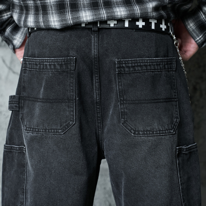 Casual Knife-Edge Pants for Men, Loose Straight-Leg Patchwork Denim Pants, Embroidered Wide-Leg Long Pants