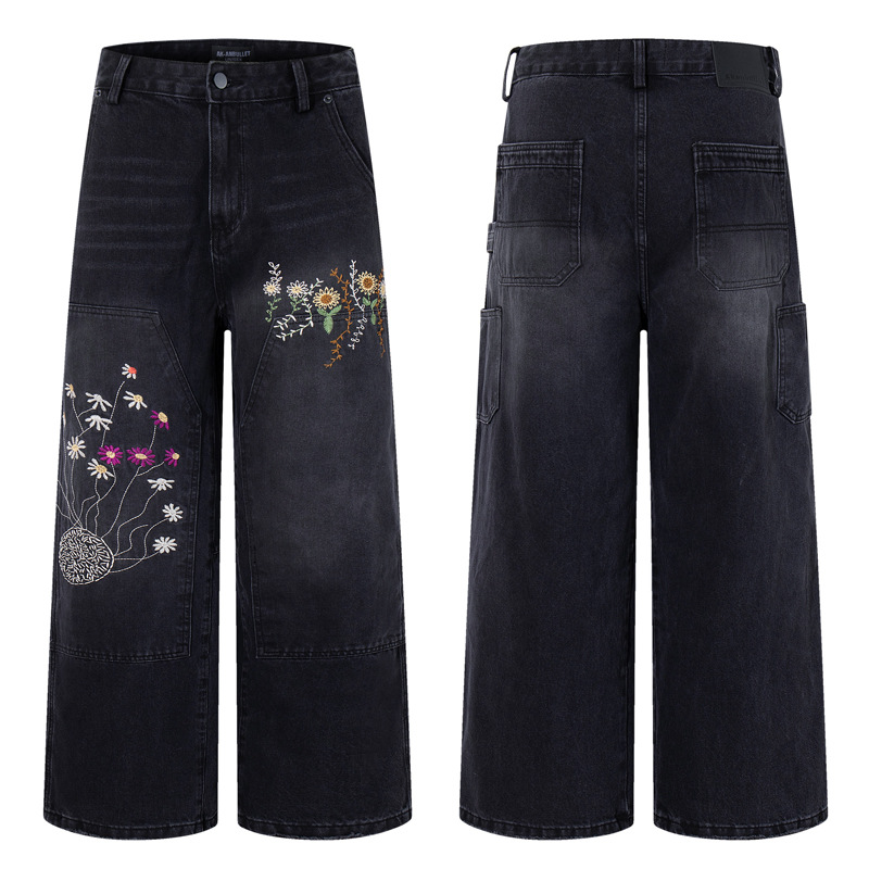 Casual Knife-Edge Pants for Men, Loose Straight-Leg Patchwork Denim Pants, Embroidered Wide-Leg Long Pants