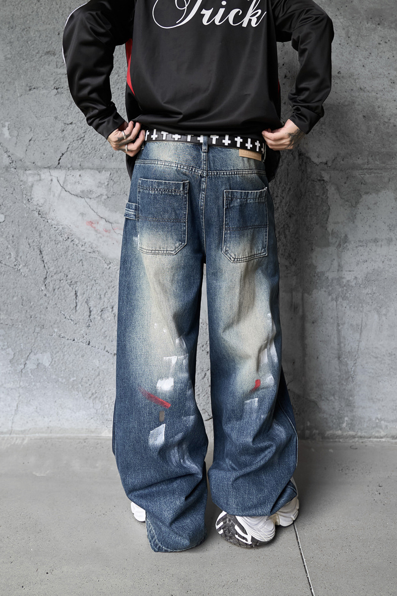 Hip-hop Style Dyed Graffiti Denim Pants for Men and Women, High Street Fashion, Straight Leg, Loose Fit, Casual Long Pants