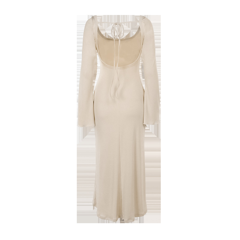 U-Neck High Waist Bodycon Bell Sleeve Maxi Dress